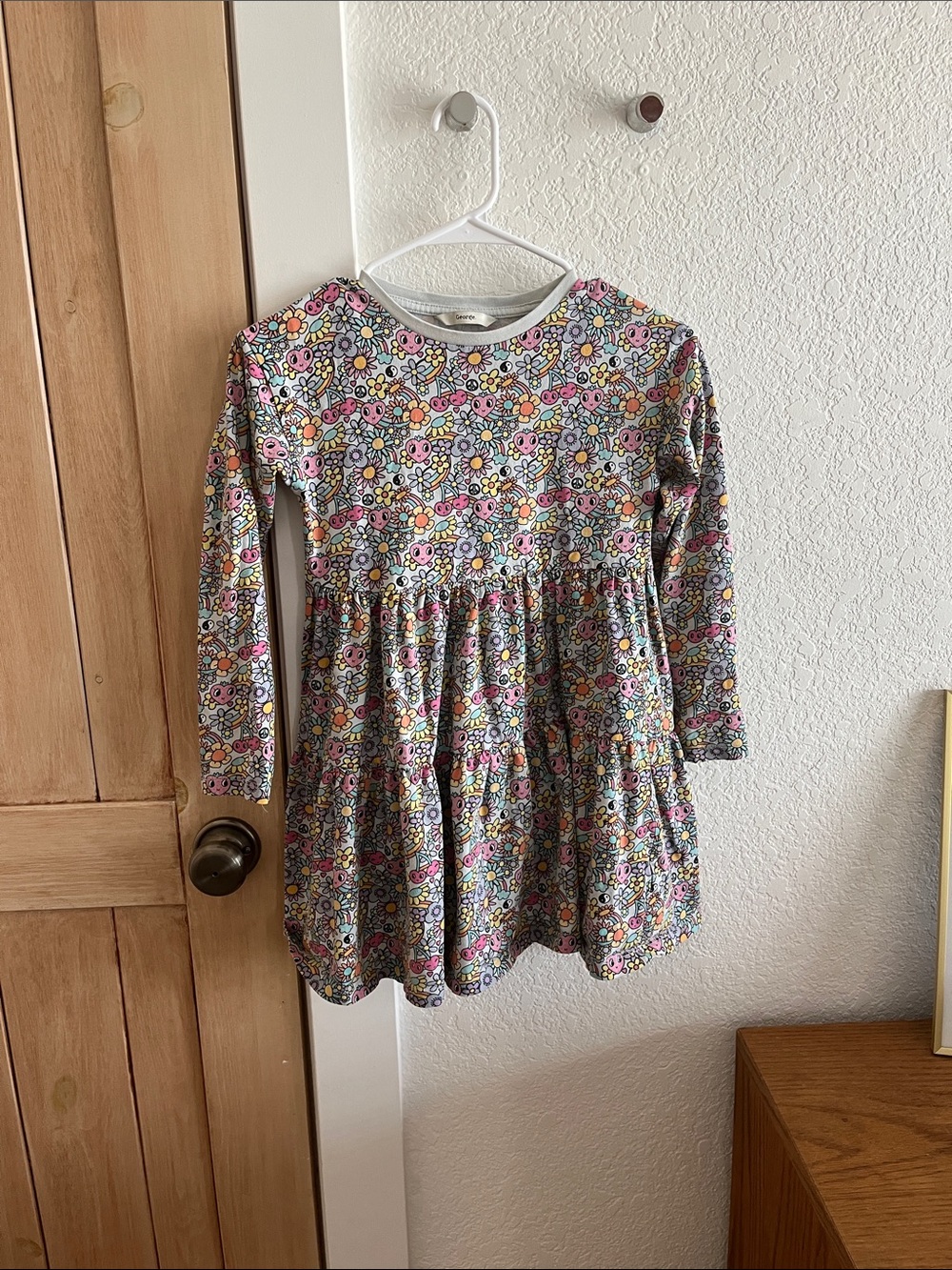George Long-Sleeve Floral & Smiley Print Dress - Pink Multi with cute cartoons